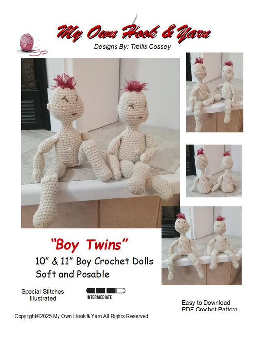 Crochet Twin Boy Dolls Pattern - 10" & 11" Brothers